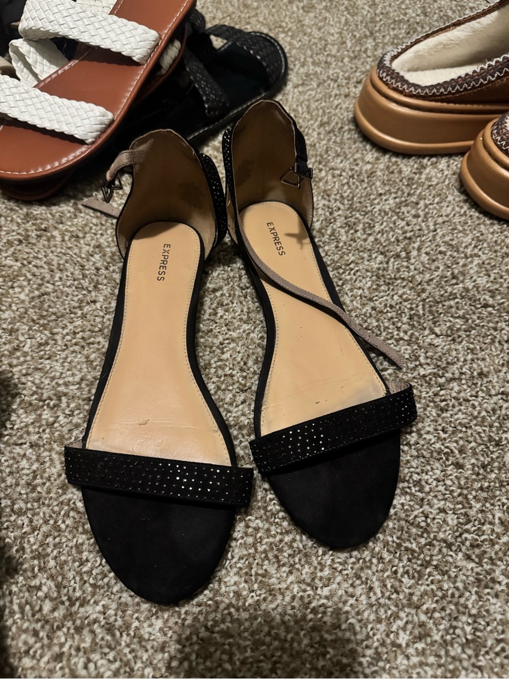 Express Black Suede Ankle-Strap Sandals with Rhinestone Trim